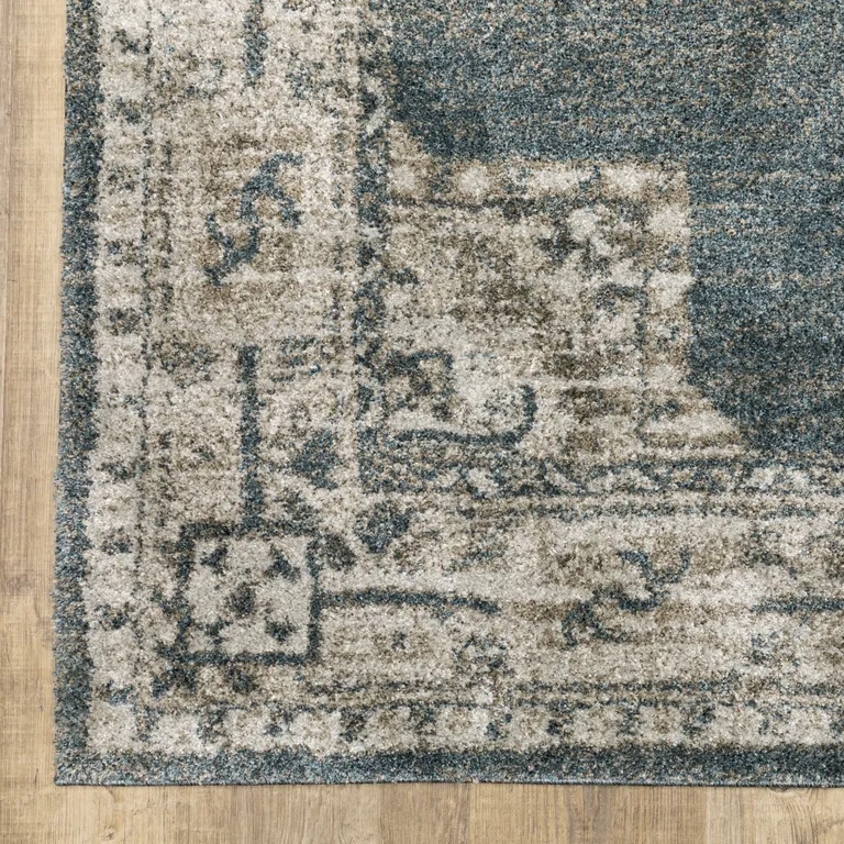 Blue And Beige Oriental Power Loom Stain Resistant Area Rug Photo 1