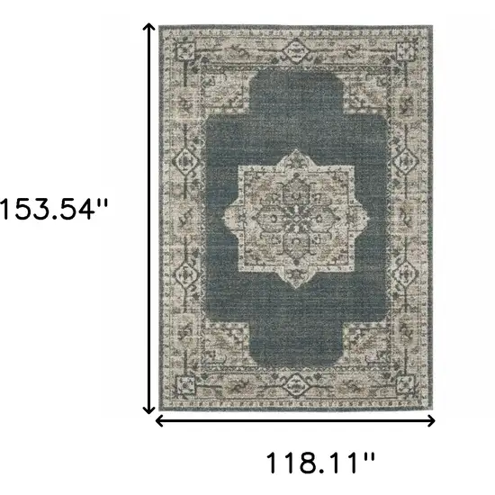 Blue and Beige Oriental Power Loom Area Rug Photo 3