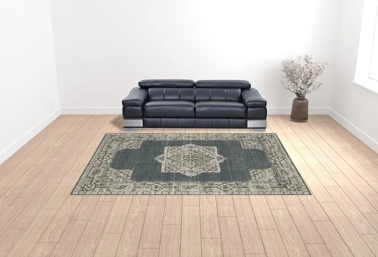 Blue And Beige Oriental Power Loom Stain Resistant Area Rug Photo 3