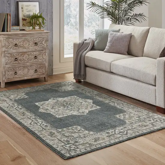 Blue And Beige Oriental Power Loom Stain Resistant Area Rug Photo 8