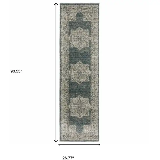 Blue And Beige Oriental Power Loom Stain Resistant Runner Rug Photo 10