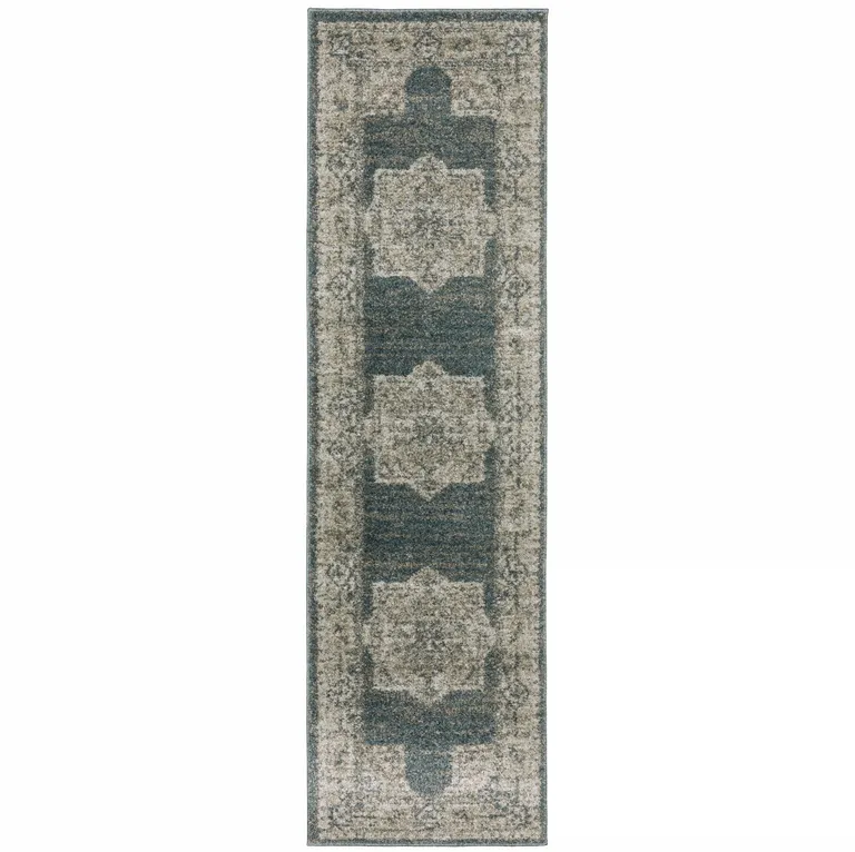 Blue And Beige Oriental Power Loom Stain Resistant Runner Rug Photo 1