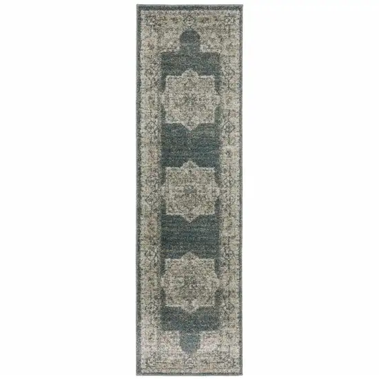 Blue And Beige Oriental Power Loom Stain Resistant Runner Rug Photo 1