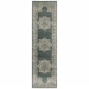 Photo of Blue And Beige Oriental Power Loom Stain Resistant Runner Rug