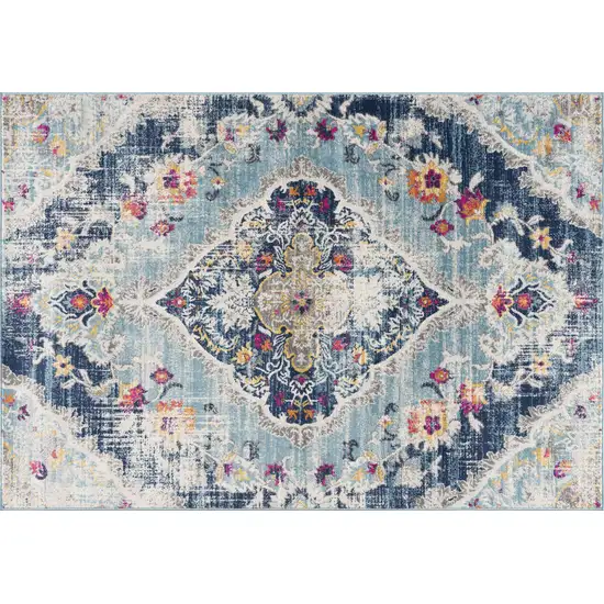 Blue And Beige Oriental Washable Non Skid Area Rug Photo 4