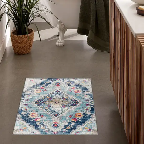 Blue And Beige Oriental Washable Non Skid Area Rug Photo 1