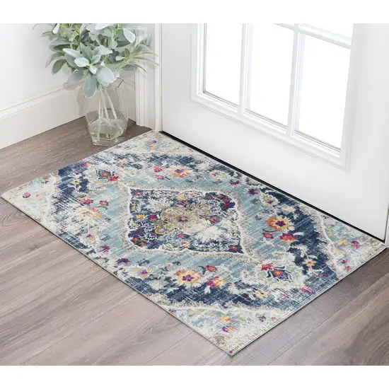 Blue And Beige Oriental Washable Non Skid Area Rug Photo 3