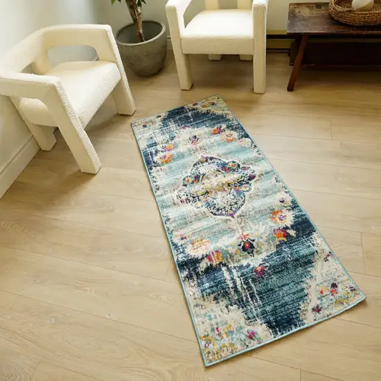 Blue And Beige Oriental Washable Non Skid Area Rug Photo 5