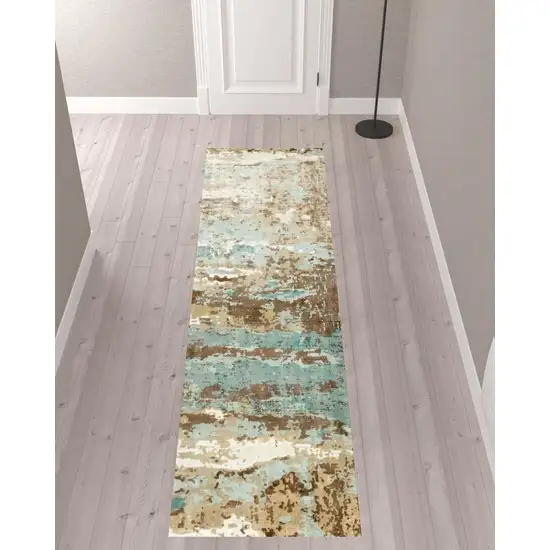 Blue And Brown Abstract Hand Loomed Stain Resistant Runner Rug Photo 2