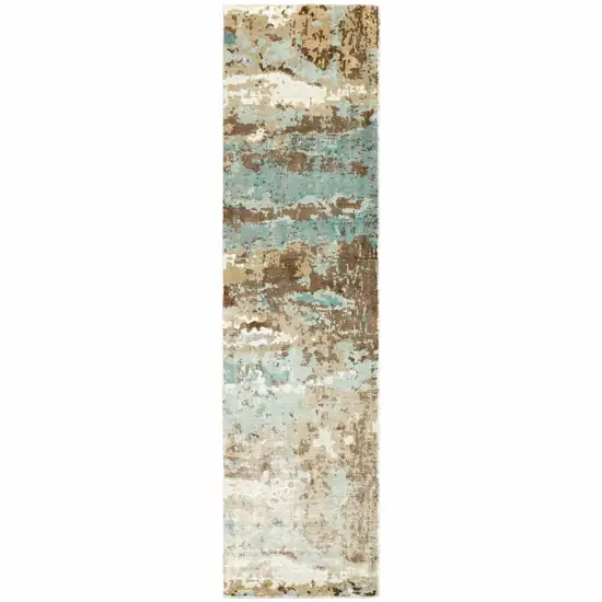 Blue And Brown Abstract Hand Loomed Stain Resistant Runner Rug Photo 1