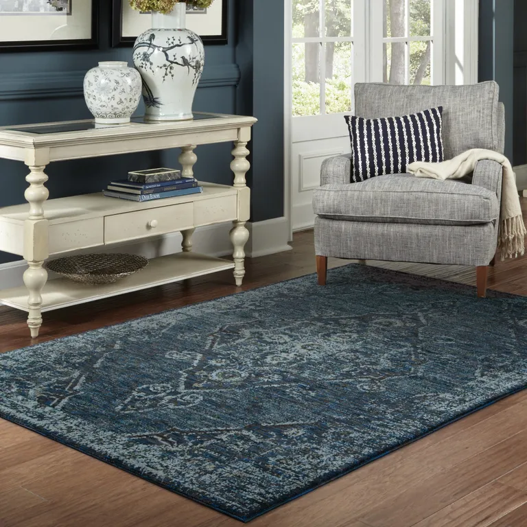 Blue And Brown Oriental Power Loom Stain Resistant Area Rug Photo 4