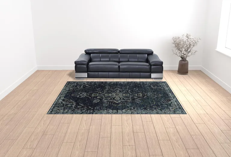 Blue And Brown Oriental Power Loom Stain Resistant Area Rug Photo 2