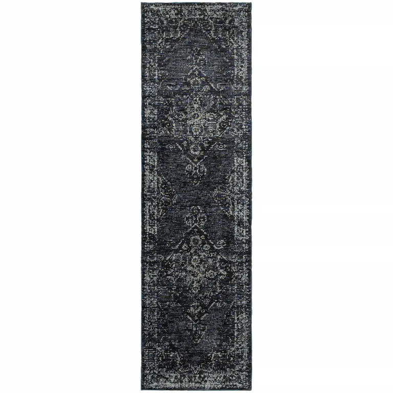 Blue And Brown Oriental Power Loom Stain Resistant Runner Rug Photo 1