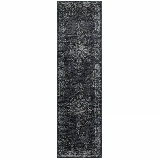 Blue And Brown Oriental Power Loom Stain Resistant Runner Rug Photo 1