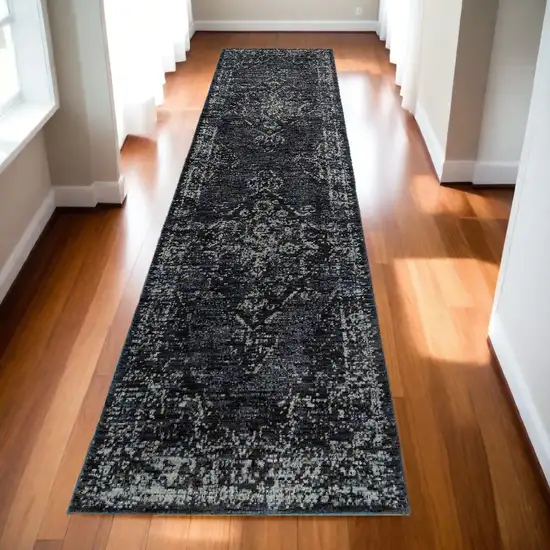 12' Runner Blue and Brown Oriental Power Loom Runner Rug Photo 1