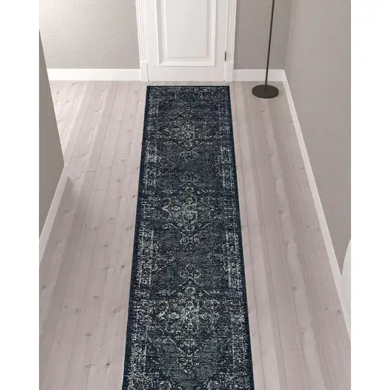 Blue And Brown Oriental Power Loom Stain Resistant Runner Rug Photo 2