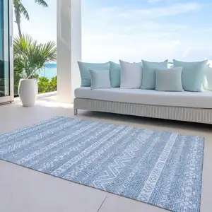 Photo of Blue And Denim Blue Southwestern Washable Indoor Outdoor Area Rug