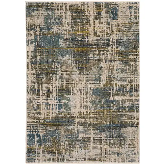 Blue And Gold Abstract Area Rug With Fringe Photo 5