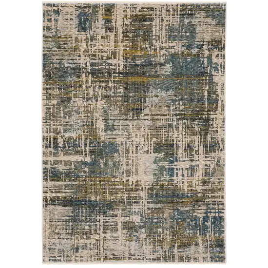 Blue And Gold Abstract Area Rug With Fringe Photo 2