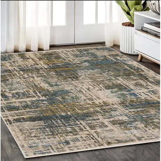 Blue And Gold Abstract Distressed Area Rug With Fringe Photo 1