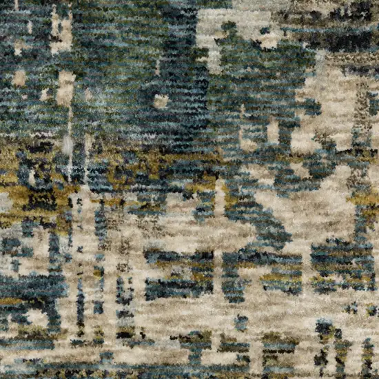 Blue And Gold Abstract Distressed Area Rug With Fringe Photo 9