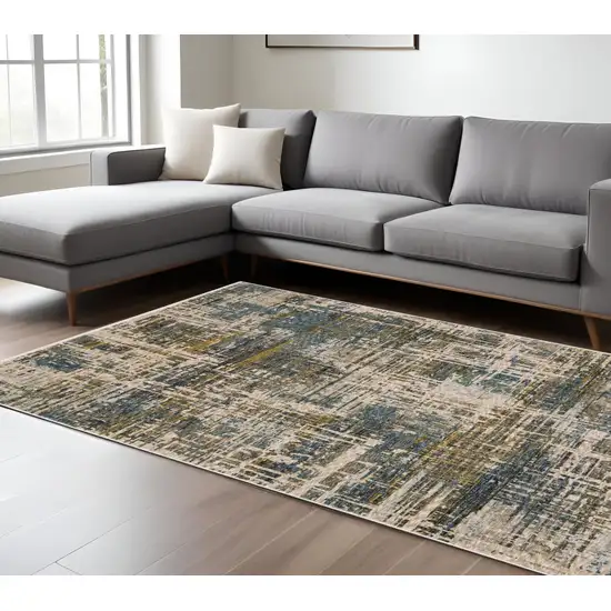 Blue And Gold Abstract Distressed Area Rug With Fringe Photo 1