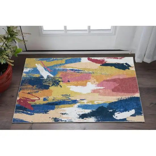 Blue And Gold Abstract Distressed Area Rug Photo 1