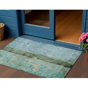 Photo of Blue And Gold Abstract Washable Indoor Outdoor Area Rug