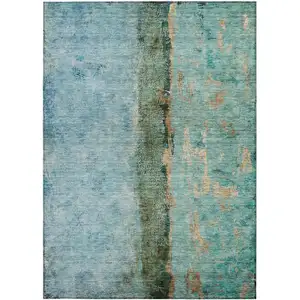 Photo of Blue And Gold Abstract Washable Indoor Outdoor Area Rug