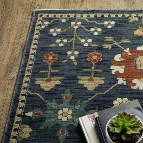 Blue And Gold Oriental Area Rug With Fringe Photo 8