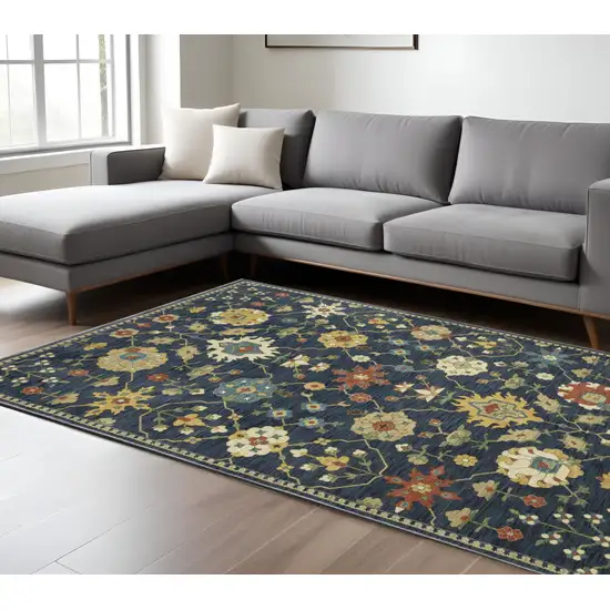 Blue And Gold Oriental Area Rug With Fringe Photo 1