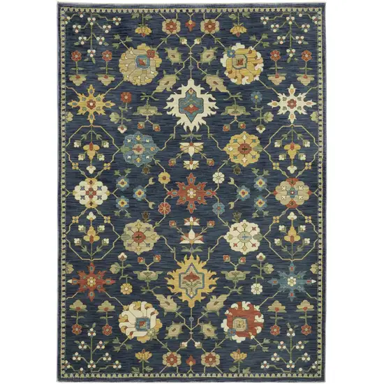 Blue And Gold Oriental Area Rug With Fringe Photo 2