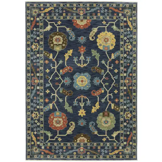 Blue And Gold Oriental Area Rug With Fringe Photo 2