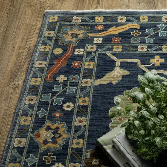 Blue And Gold Oriental Area Rug With Fringe Photo 5