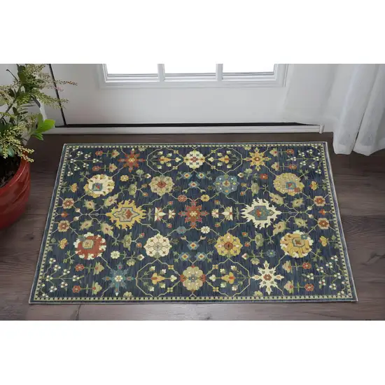 Blue And Gold Oriental Area Rug With Fringe Photo 1