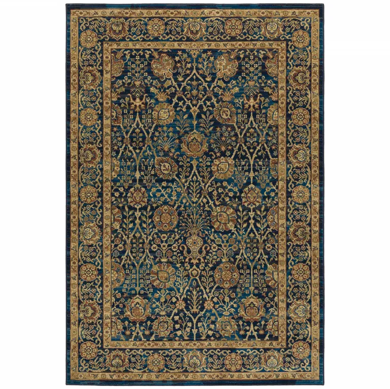 Blue And Gold Oriental Power Loom Stain Resistant Area Rug Photo 1