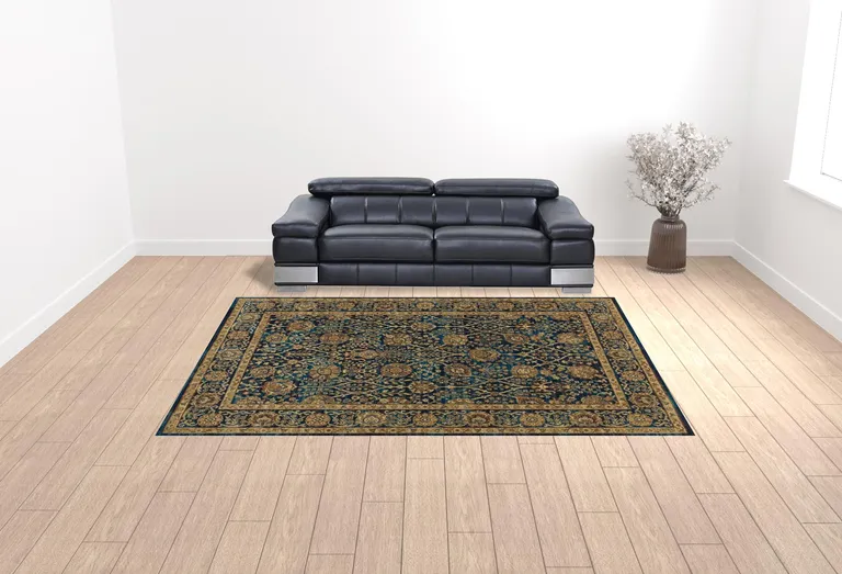 Blue And Gold Oriental Power Loom Stain Resistant Area Rug Photo 3