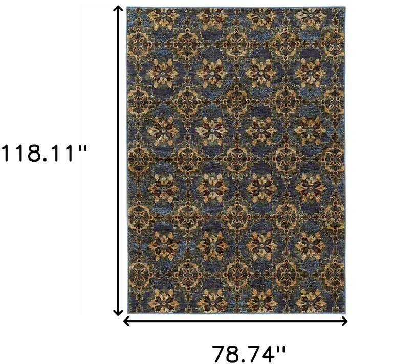 Blue And Gold Oriental Power Loom Stain Resistant Area Rug Photo 5