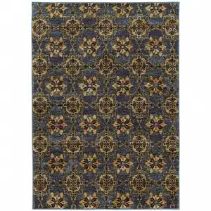 Photo of Blue And Gold Oriental Power Loom Stain Resistant Area Rug