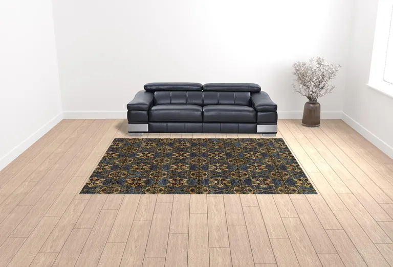 Blue And Gold Oriental Power Loom Stain Resistant Area Rug Photo 2