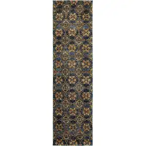 Photo of Blue And Gold Oriental Power Loom Stain Resistant Runner Rug