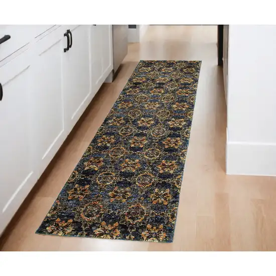 Blue and Gold Oriental Power Loom Runner Rug Photo 1