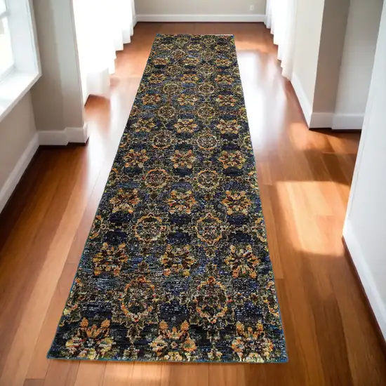 12' Runner Blue and Gold Oriental Power Loom Runner Rug Photo 1