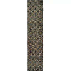 Photo of Blue And Gold Oriental Power Loom Stain Resistant Runner Rug