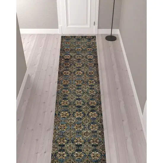 Blue And Gold Oriental Power Loom Stain Resistant Runner Rug Photo 2