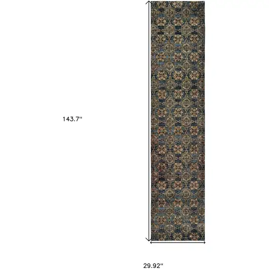 Blue And Gold Oriental Power Loom Stain Resistant Runner Rug Photo 5