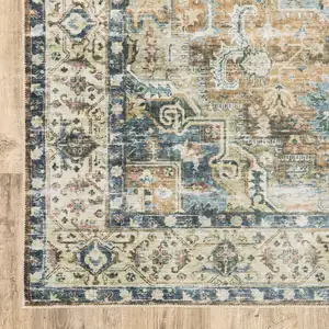 Photo of Blue And Gold Oriental Printed Non Skid Area Rug