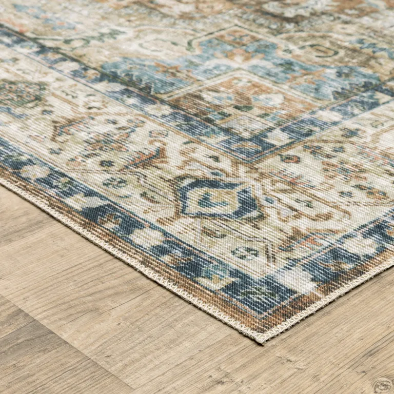 Blue And Gold Oriental Printed Non Skid Area Rug Photo 5