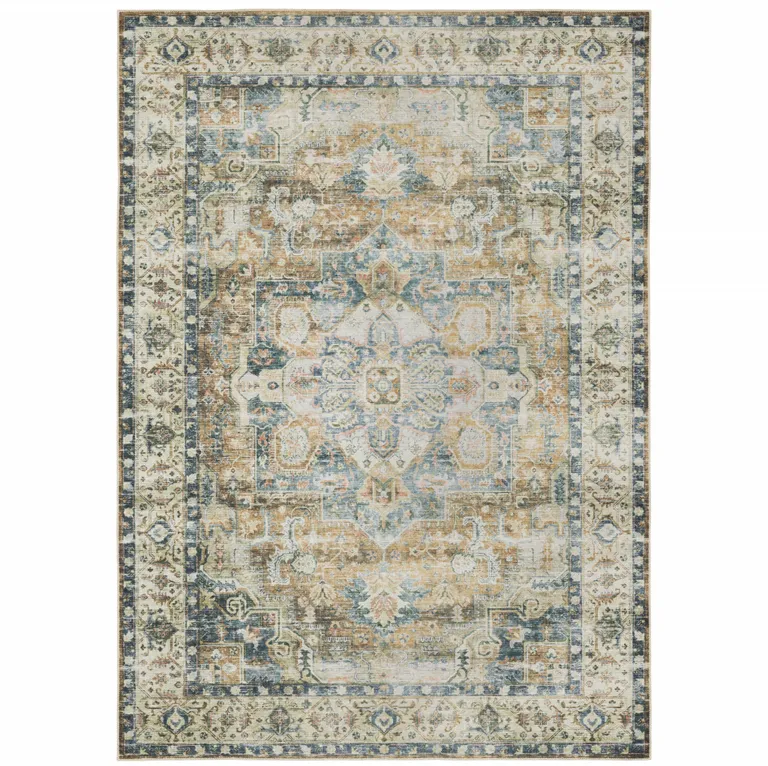 Blue And Gold Oriental Printed Non Skid Area Rug Photo 2