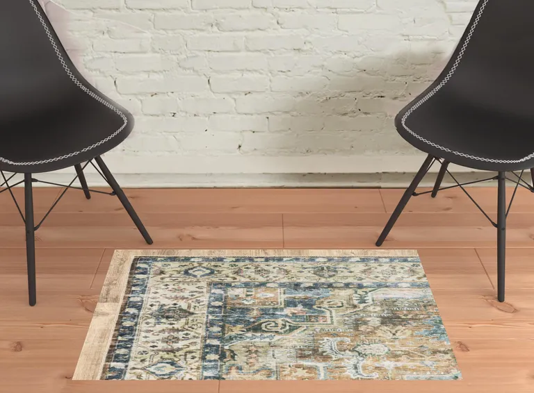 Blue And Gold Oriental Printed Non Skid Area Rug Photo 3